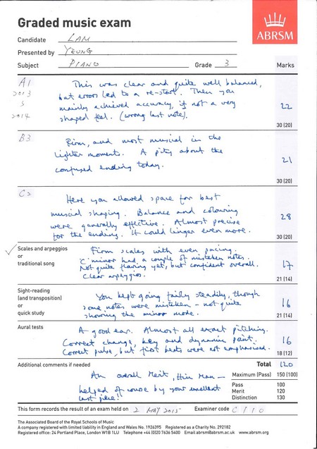 山 ABRSM Graded music exam Candidate Presented by Subject Grade Marks 30 120 30 120 2.3 30 1201 Scales and arpeggios traditional song Nott-wane. 叩。 ' 21 114 Sight-reading land transpositionl quick study Aural tests 21 114l l6 Additional comments if needed Total o aeal Mes ti Maximum IPas) 150 1100 Pass 100 130 This form records the result of an exam held on 2 May > Examiner code c' / . The Associabed Board af the Royal Schools ot Music A company registered with timited liablity in England and Wales No. 1926395 Registered as a Charity Na. 292182 Registered effice: 24 Pertland Place, Londen W18 1LU Telephone 44 18120 74365400 Email abrsmaarsm.a.uk www.abrsm.eng,text,font,line,paper,document