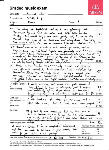 Graded music exam Candidate Presented by Sub ABRSM Grade Marks d 30 120 30 120 从; 30 120 arpeggios A l traditional song h 21 (14) Sight-reading autu land transposition) quick study Aural tests 21 114) Additional comments if Total Maximum IPass 150 11000 Pass 100 120 130 This form records the result of an exam held on io Or 2ais Examiner code & 13 b the Reyal Sthoels of The Associated Board of A company registered with limited liablity in Engliand and Wales No 1928395 Registered as a Chanity No.292182 Registered ofice 24 Prtiand Place. London W18 1LU Telephone 4 1020736400 Emaabrmaabrsm.acu wwwabrm.rg,text,font,black and white,paper,line
