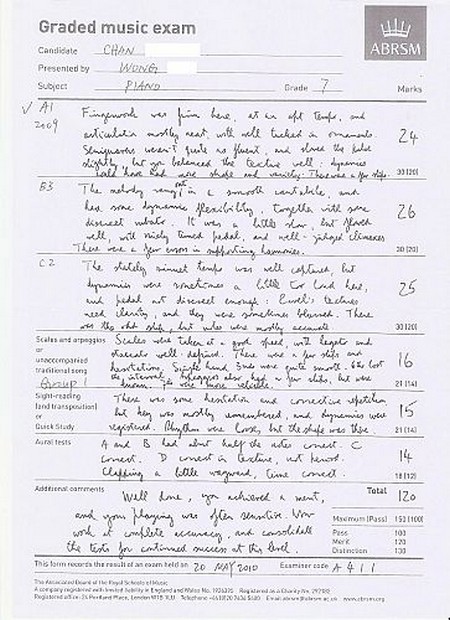 Graded music exam Candisete CHON ullly ABRSM Grade 7 Marks 240 3312 o taaj ว 120 Scales and arpeggios 21 14 14 123 100 This līm recort,th.rasali trm earn telesn 20 MAr20 t, EusemreateA 4 ',text,font,line,paper,handwriting