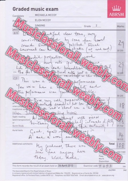 ABRSM Graded music exam MICHAELA MCCOY Candidate Marks ELIZA MCCOY Grade 2 usiclass SINGING ALS forall.weebly.co Musiclass nite Sp 30 Lot forall.weebly.com Le 30 120 Mu siclass home forall.w 21 114 Sight-reading land transpositionl Quick Study Aural tests hantant eebly.com 8 112 Total 50 1100 Additional comments Pass วาย Examiner code T 693 5429001 This form records the result of an exam held on 26 April 2012 The Associaled Board of the Royal Schools of Music Telephone+66 10120 7434 5400 mail abrmabrsm.acuk www.m.ang Registered office 24 Portand Place London WB T,text,font,line,area,paper