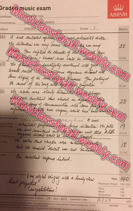 ABRSM rade music exam usiclass Marks andidate resented by ubject Grade forall.weebly.com SINGIN 28 30 120 usiclass forall.weebly.com 20nt 30 120) 28 Mu siclass forall.weebly.com /8 21 (14 18 (1 Maximum IPass) 150 1100 Pass Merit Distinction comments id needed 100 120 130 4270 Examiner code:369 48137001 (841 Oct /2015 c A compuny regstered with limited liability in England and Wales No. 1W26395 WIB 1U Telephone +44 0120 7836 5400 Email abrsm@abrsm.acuk n records the result of an exam held on: 29 ada 921821&Scotand ISC0433431,text,handwriting,font,document,paper
