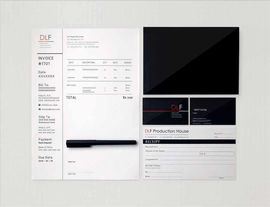 buF Production House Tel: 8526303 44 Ho:0822408 INVOICE #1701 Date DATE DESCRIPTIONS QTY RATE AMOUNT Bill To: Shop X, X/E xx xxxxxxxxxxx TOTAL $x xxx DL 쏩 xxxxxx@xxxxcom elson Leung Ship To Shop 2, G/F DLF Production House Payment Bank Deposit RECEIPT The sum of RK Do HK S Due Date n payment for,font,brand,product,