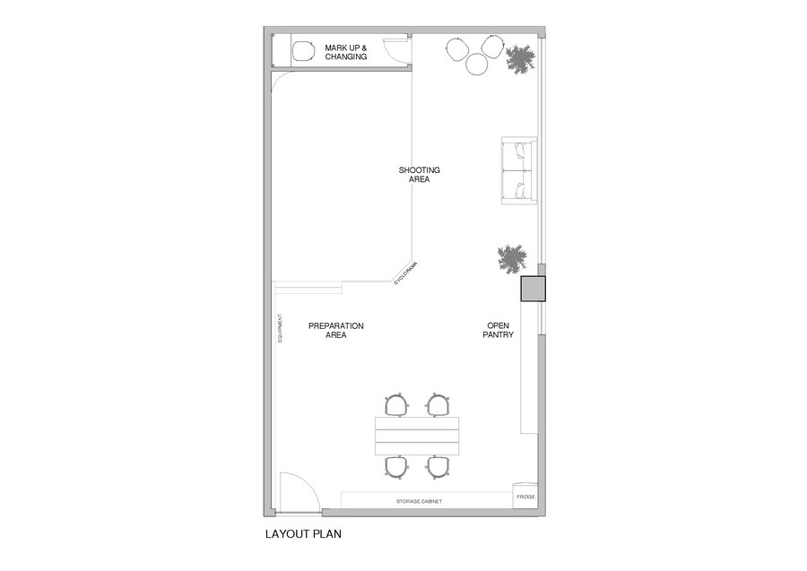 MARK UPa CHANGING SHOOTING AREA PREPARATION AREA OPEN PANTRY O 0 LAYOUT PLAN,text,line,area,angle,diagram