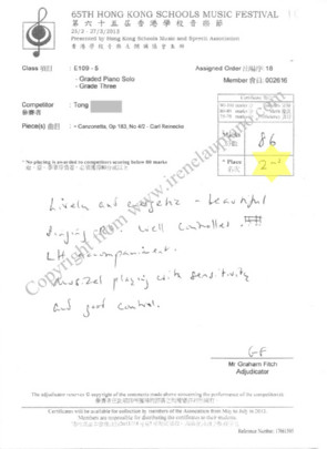 65TH HONG KONG SCHOOLS MUSIC FESTIVAL 第六十트屆香港孕杹촙홉節 Class จาย E109-5 Graded Pano Solo Grade Three 8 6 3",text,font,line,paper,document
