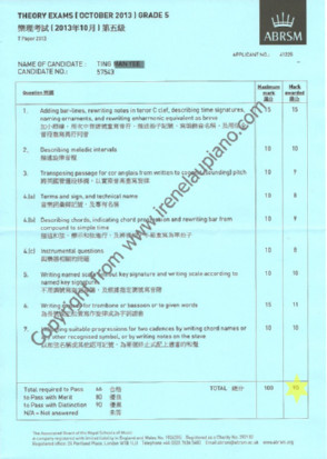 THEORY EXAMS t OCTOBER 2013 | GRADES ABRSM NAME OF CANDICATE TINGANEYRE 10 10 OTAL,text,product,font,line,area