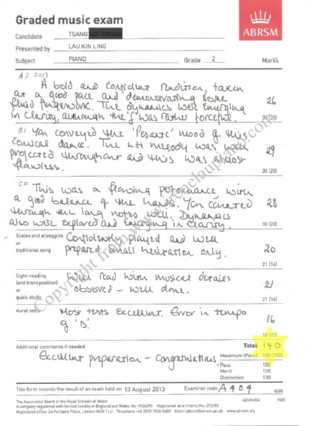 Graded music exanm ABRSM Presened byLAUKIN LING Marks 么 Ransls n CnT 2。 aly. 21 B4 I6 eculuwr,text,font,paper,line,document